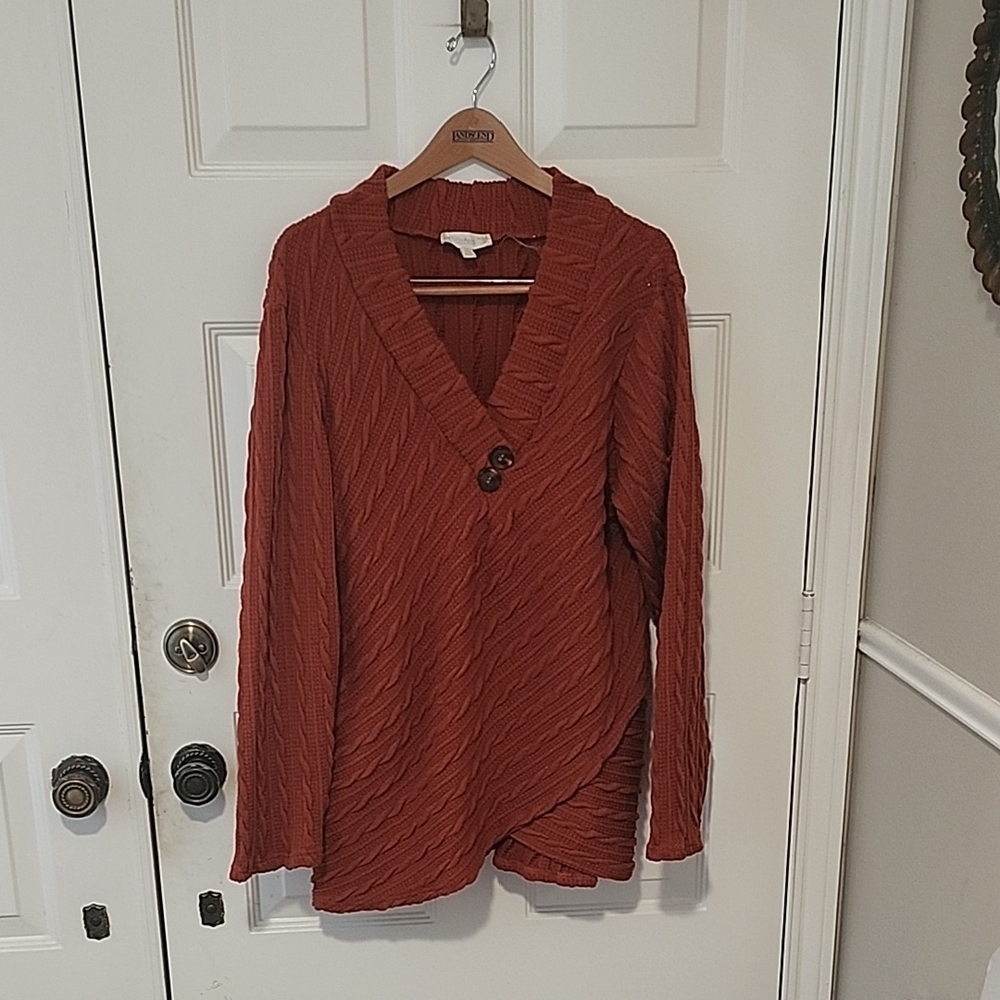 Weekend By Suzanne Betro Women's Sweater Cable Knit Faux Wrap Rust XL